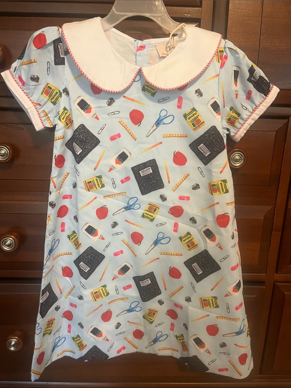 Girls' Light Blue School Supplies Print Dress with White Peter Pan Collar